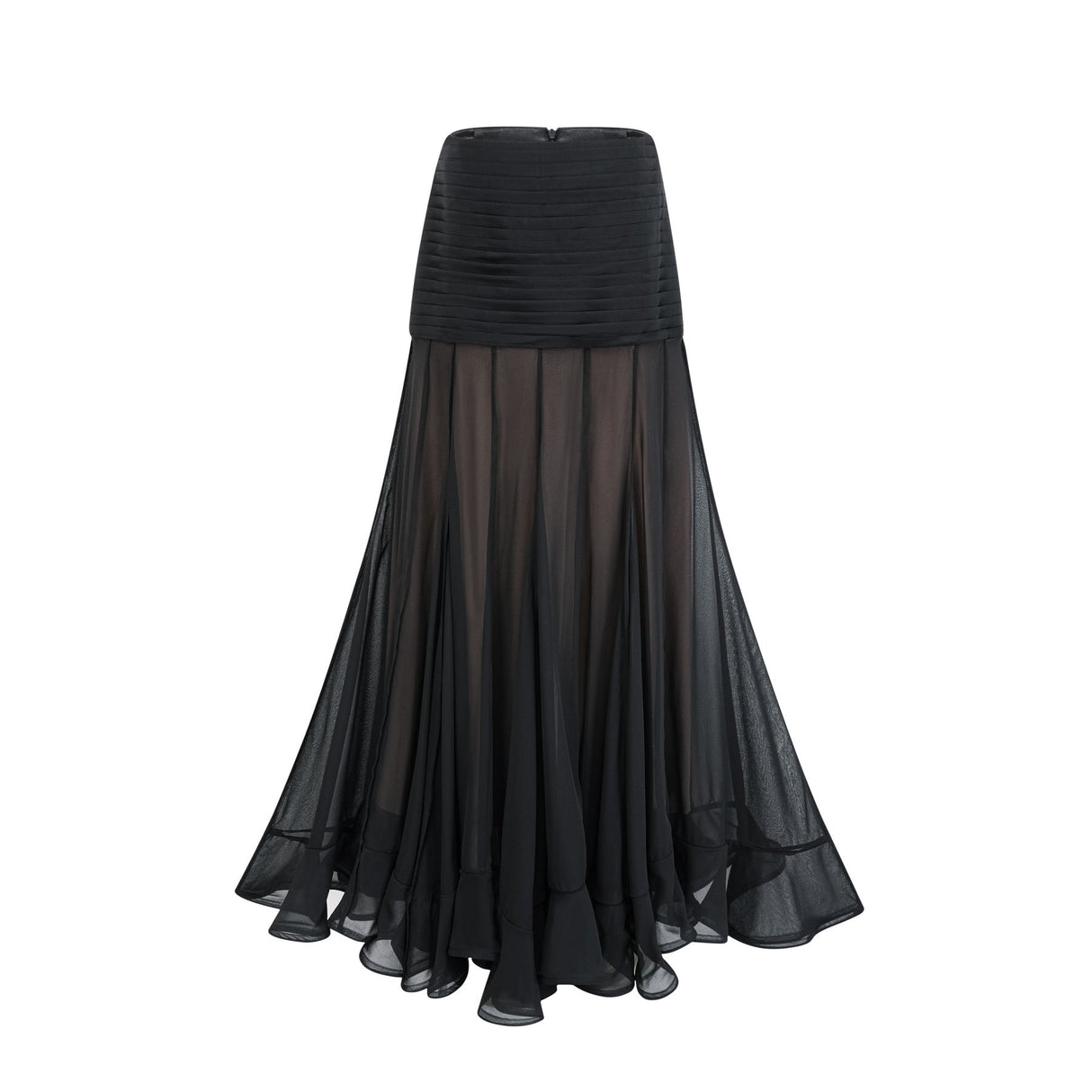 A long flowy maxi skirt with ruffle details and pleated tulle fabric in a soft rayon material