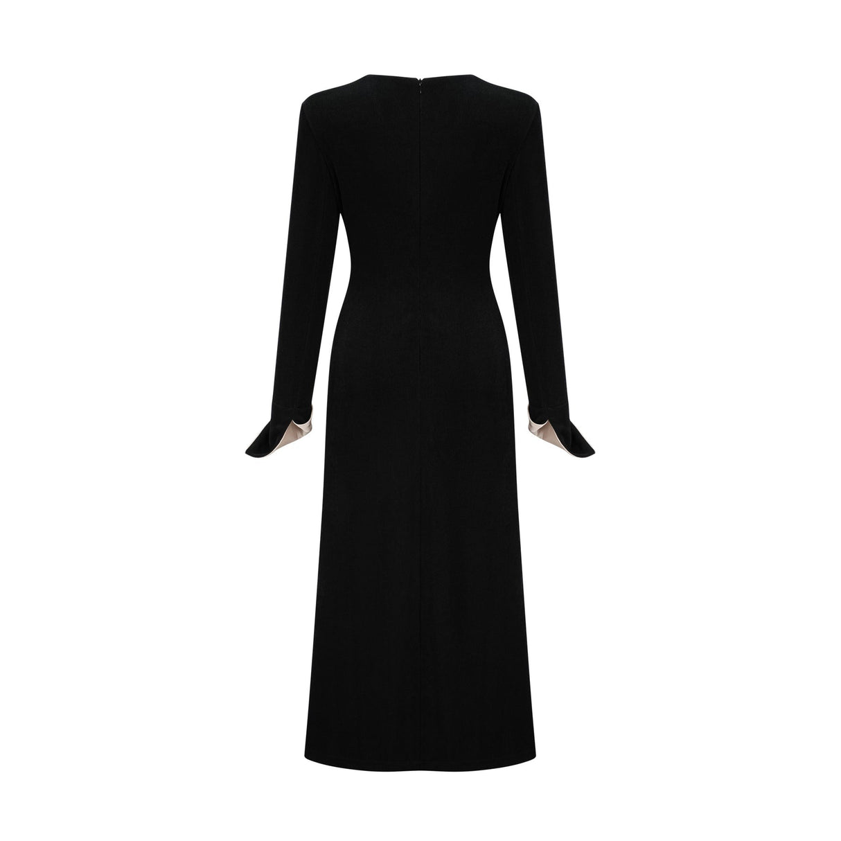 A long maxi dress with a vneck and contrasting colors featuring a bow detail at the neckline