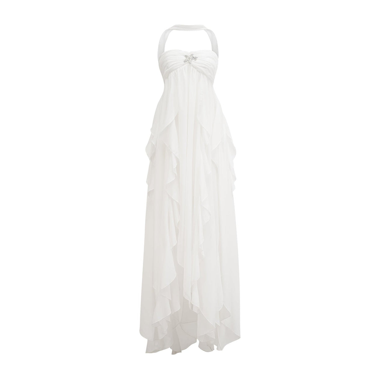 A long pink chiffon maxi dress with a halter neck and ruffled details worn by a model standing against a plain background