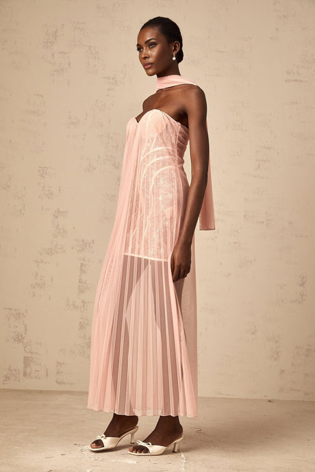 A long pink maxi dress with a pleated tulle skirt and ribbon design details on the bodice