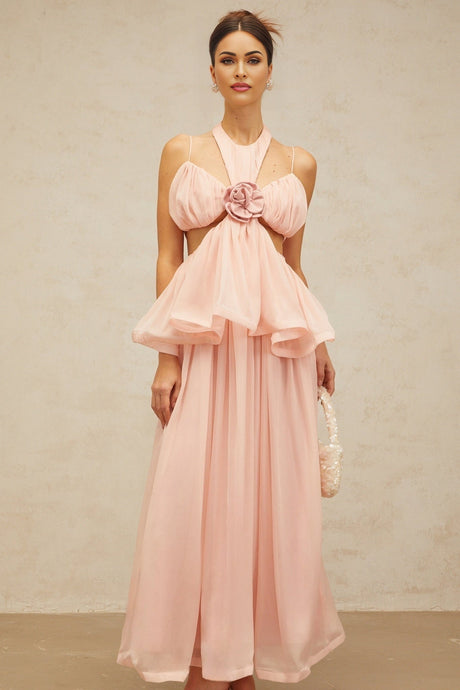 A long pink maxi dress with floral appliques and cutout details named Danae