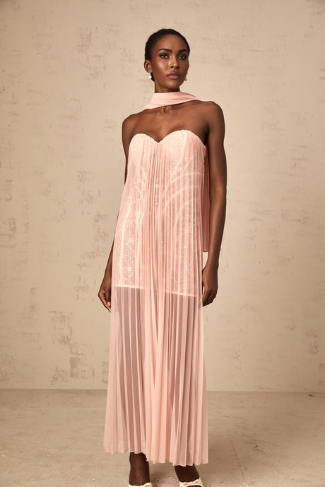 A long pink maxi dress with pleated tulle fabric and ribbon design details featuring a flowy silhouette and floor length hem