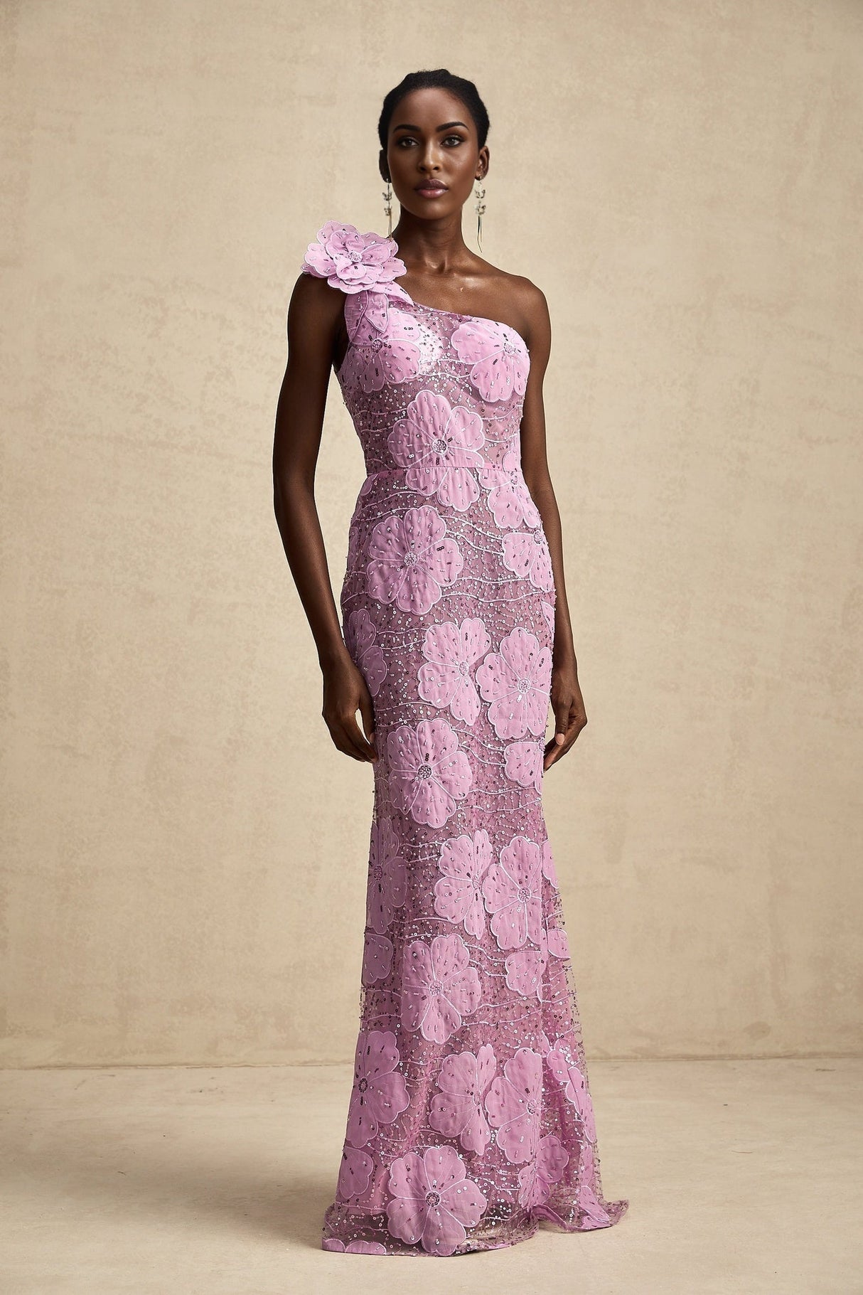 A long purple maxi dress with floral applique details named Beatrice