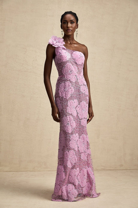A long purple maxi dress with floral applique details named Beatrice