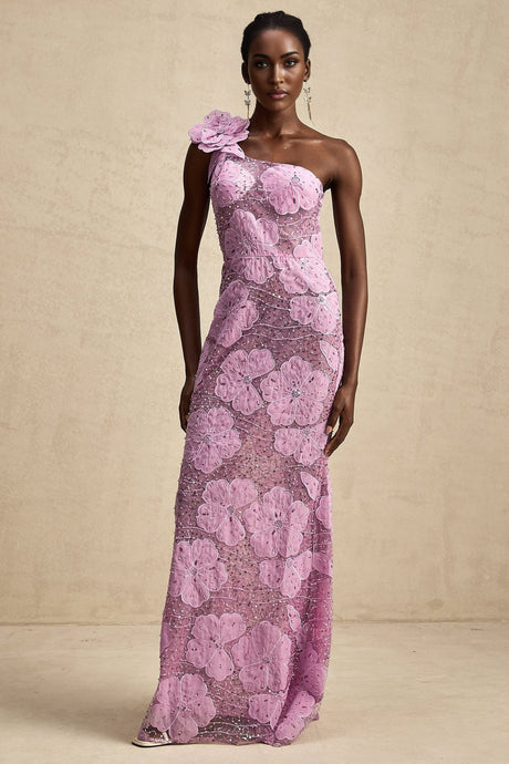 A long purple maxi dress with floral applique details named Beatrice