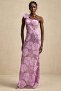 A long purple maxi dress with floral applique details