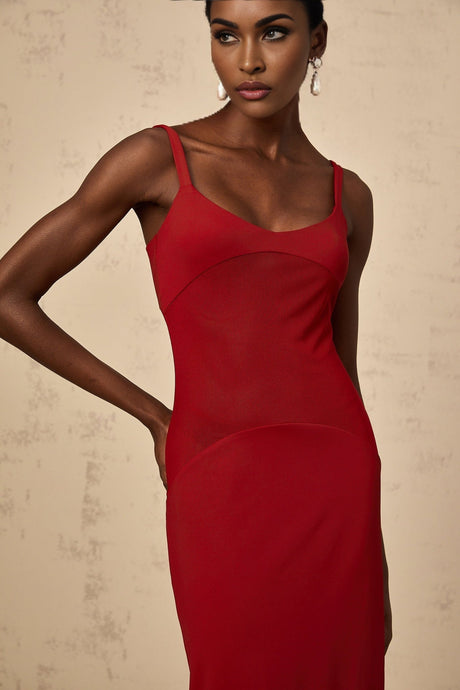 A long red dress with sheer tulle panels by Celine featuring a flowy maxi silhouette
