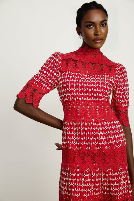 A long red maxi dress with scalloped lace panels featuring a floral pattern The dress has a fitted bodice and flowing skirt with a feminine silhouette