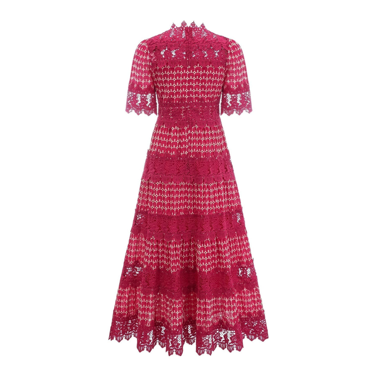 A long red maxi dress with scalloped lace panels featuring a floral pattern The dress has a fitted bodice and flows into a full skirt