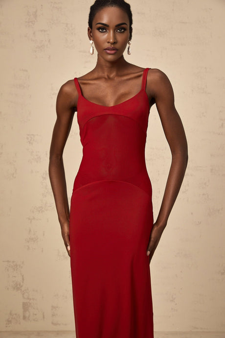 A long red maxi dress with sheer tulle panels designed by Celine