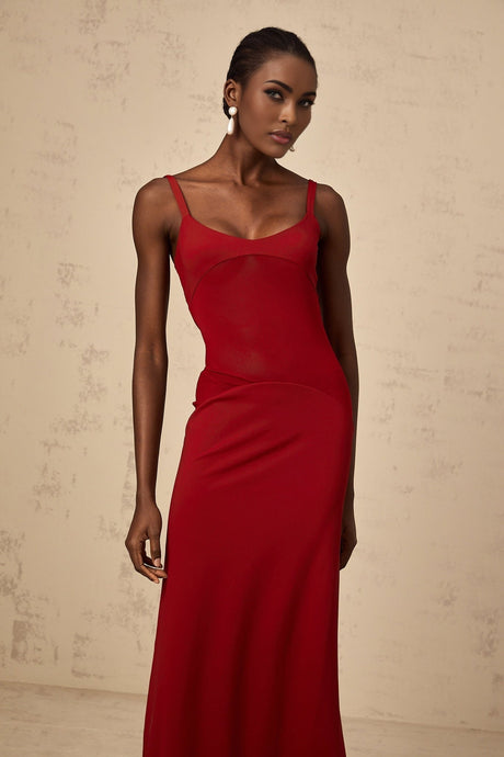 A long red maxi dress with sheer tulle panels designed by Celine