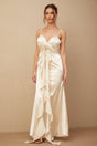 A long satin maxi dress with a corset bodice featuring floral applique details and a floral pattern throughout the fabric