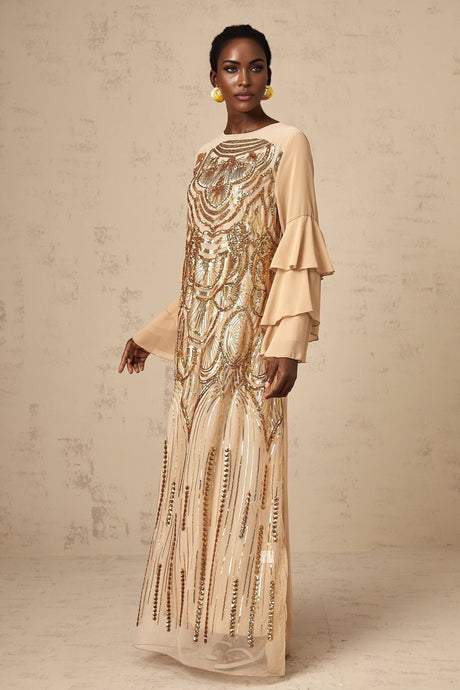 A long tulle maxi dress with sequin embellishments and ruffle sleeves named Noemi