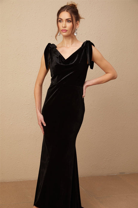 A long velvet maxi dress in dark color with embellishments and an open back design named Audrey