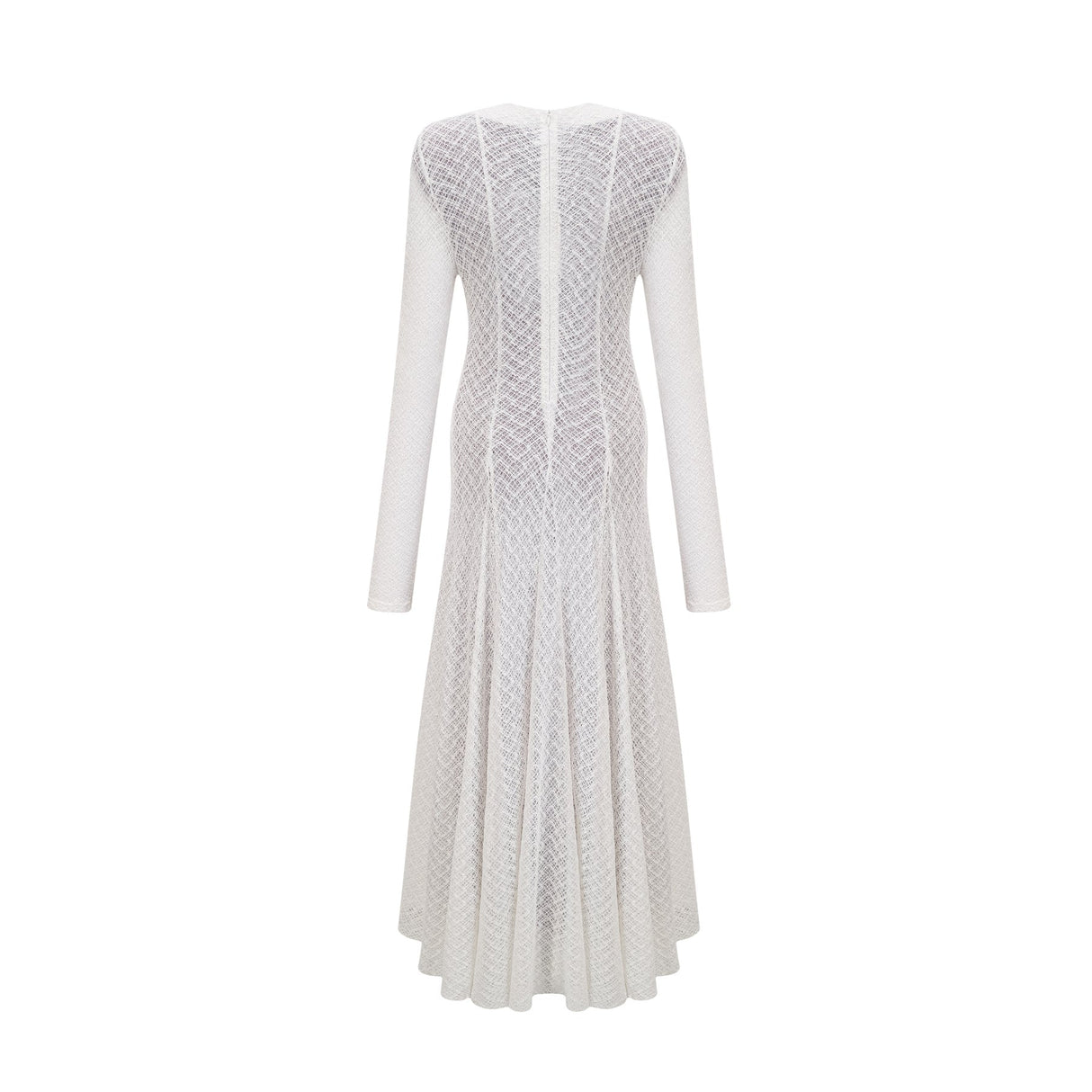 A long white lace maxi dress with a wavy pattern design featuring a feminine silhouette and delicate details