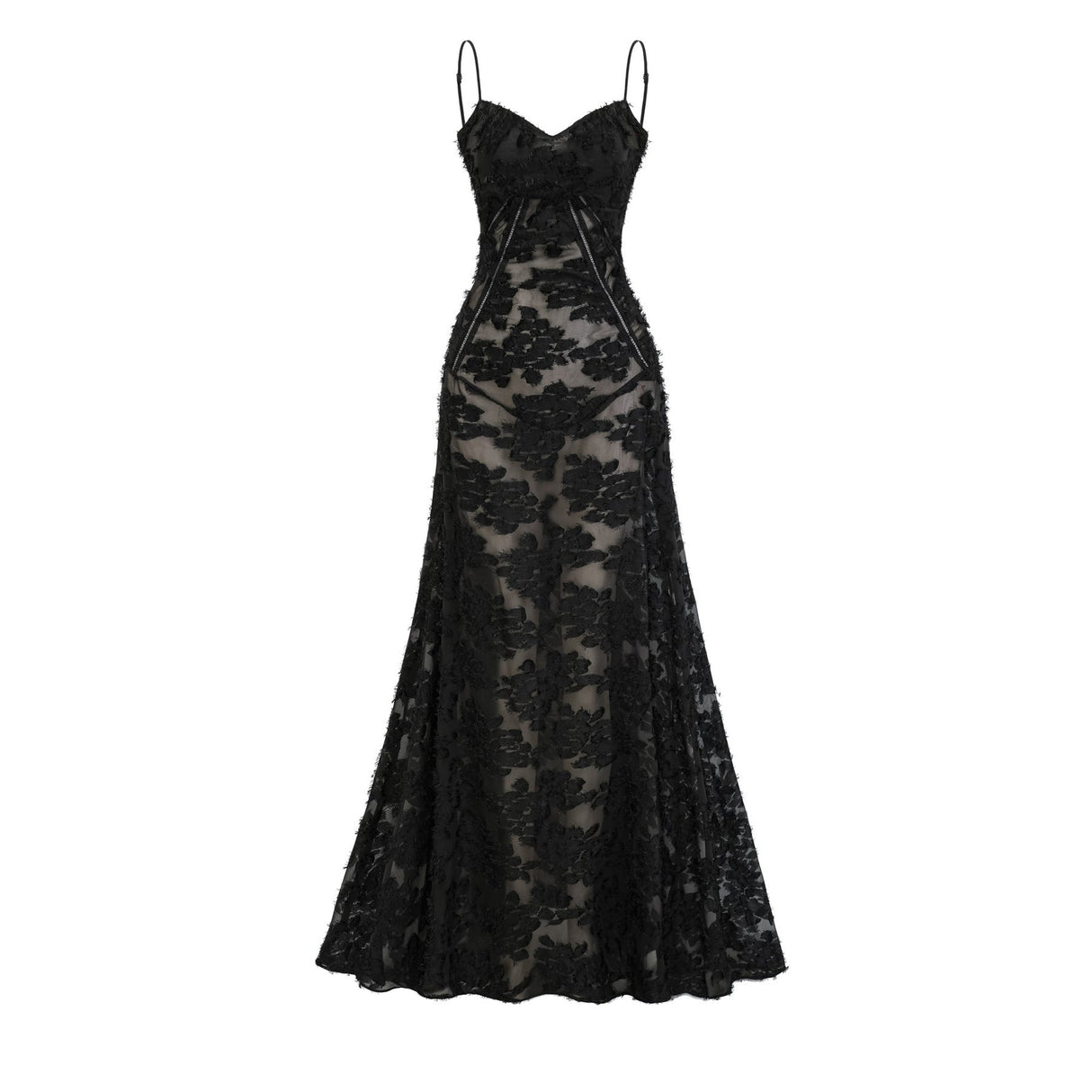 A long white lace maxi dress with floral patterns covering the entire garment featuring a high neckline and long sleeves