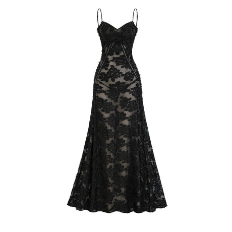A long white lace maxi dress with floral patterns covering the entire garment featuring a high neckline and long sleeves