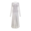 A long white maxi dress with a wavy lace pattern featuring a fitted bodice and flowing skirt