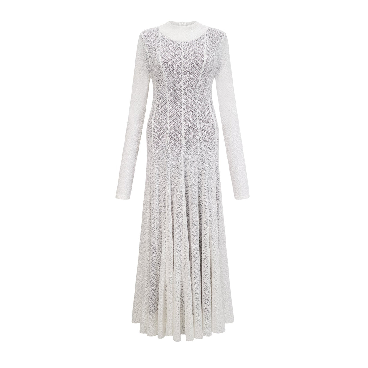 A long white maxi dress with a wavy lace pattern featuring a fitted bodice and flowing skirt
