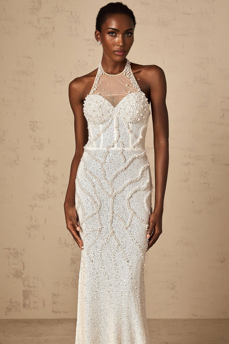 A long white maxi dress with faux pearl embellishments named Sophie