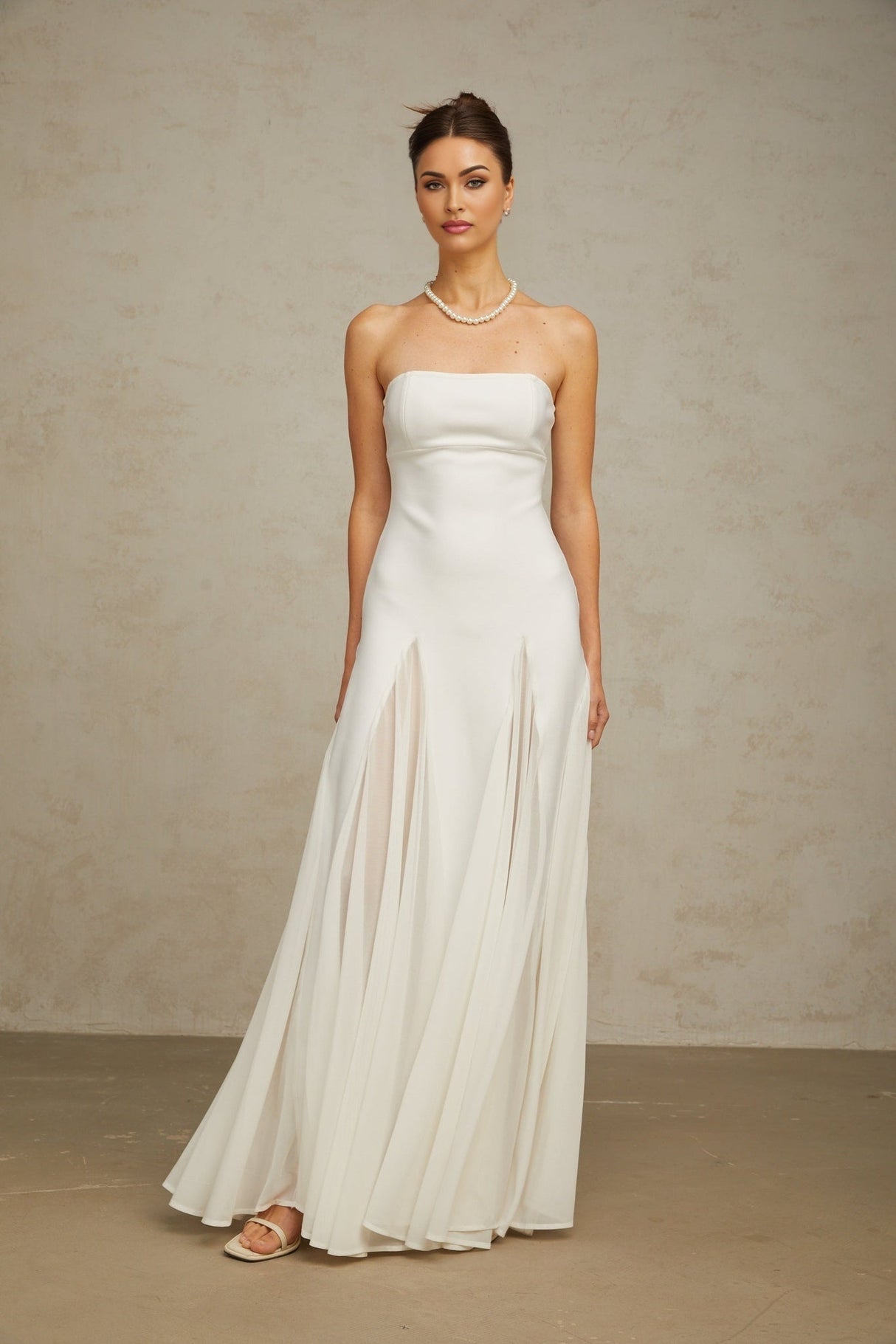 A long white maxi dress with tulle panelling details named Nathalie
