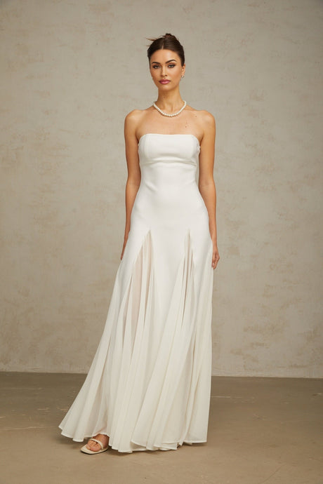 A long white maxi dress with tulle panelling details named Nathalie