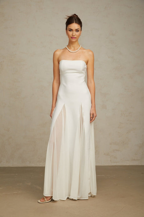 A long white maxi dress with tulle panelling details named Nathalie