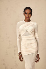 A long white tulle maxi dress with ruched detailing named Veronique