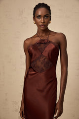 A long winered satin maxi dress with lace panelling details named Eléonore