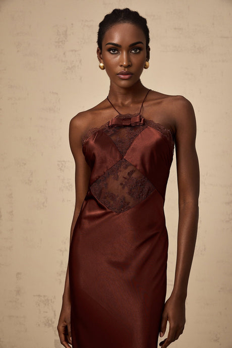 A long winered satin maxi dress with lace panelling details named Eléonore