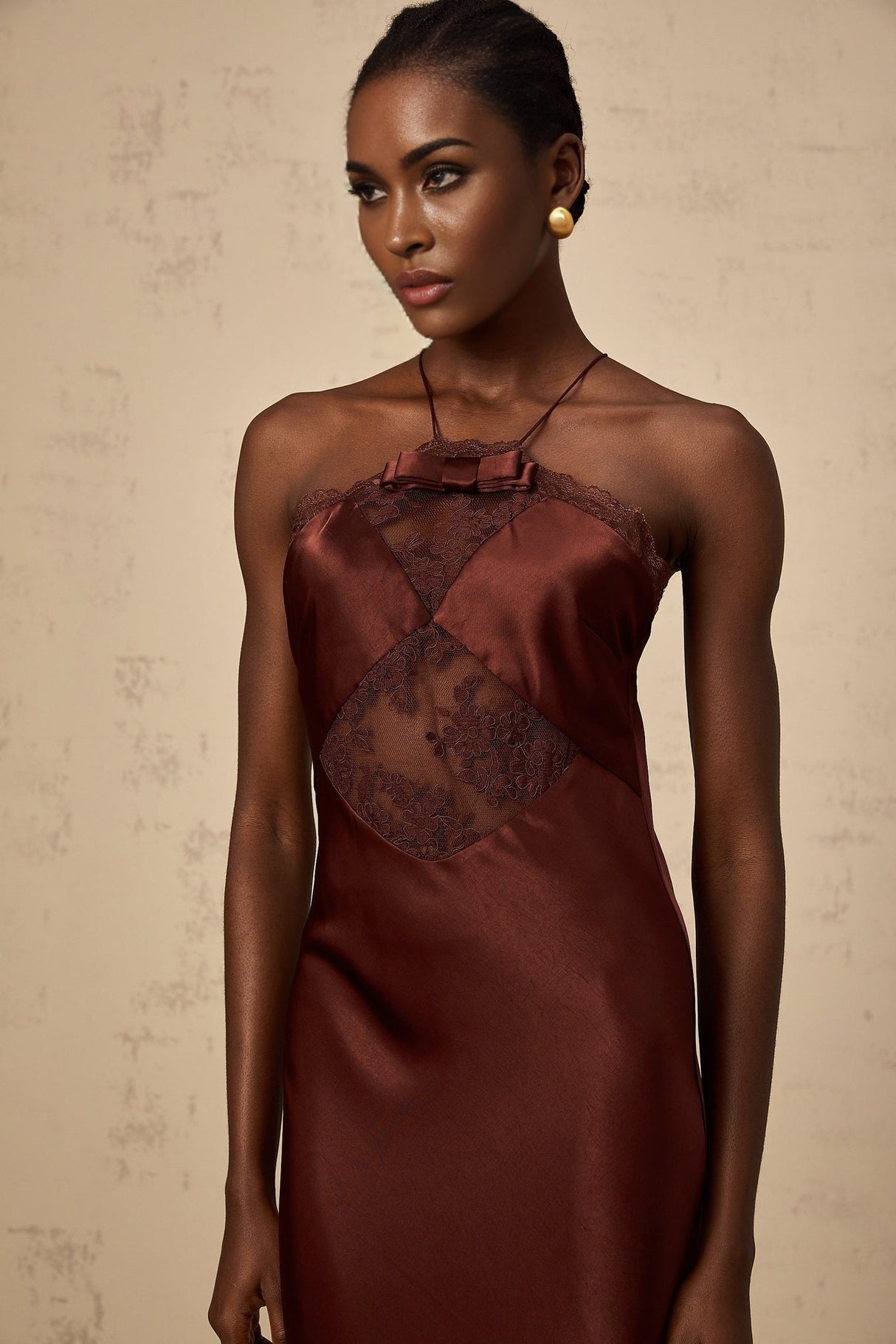 A long winered satin maxi dress with lace panels named Eléonore elegant formal evening gown