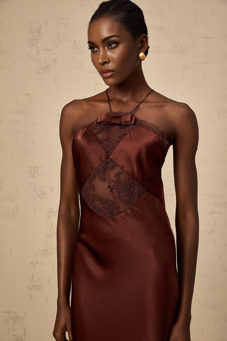 A long winered satin maxi dress with lace panels named Eléonore elegant formal evening gown