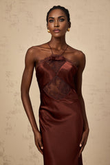 A long winered satin maxi dress with lace panels named Eléonore