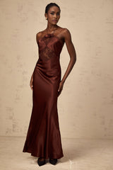 A long winered satin maxi dress with lace panels named Eléonore