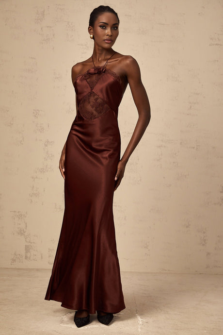 A long winered satin maxi dress with lace panels named Eléonore