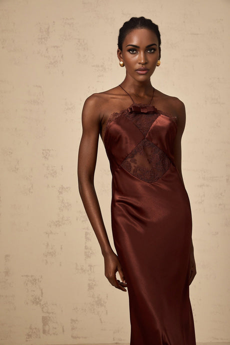 A long winered satin maxi dress with lace panels named Eléonore