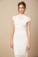 A midi length dress featuring horizontal stripes in tulle fabric with a feminine silhouette named Josephine