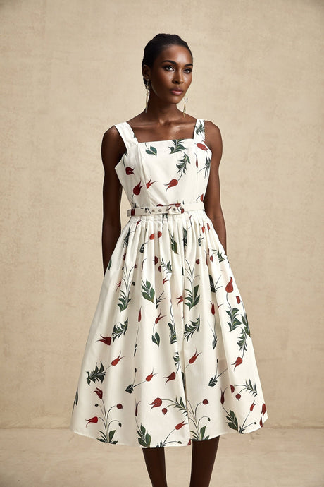 A midilength dress with a floral print pattern on white poplin fabric featuring a fitted bodice and flowy skirt