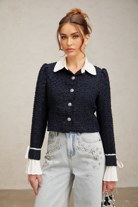 A navy blue tweed jacket with panelling detail named Doriane