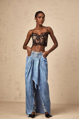 A pair of blue layered denim jeans named Ysabella featuring multiple fabric layers for a stylish and unique look