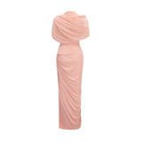 A pink asymmetric maxi dress with pleated details named Catherine