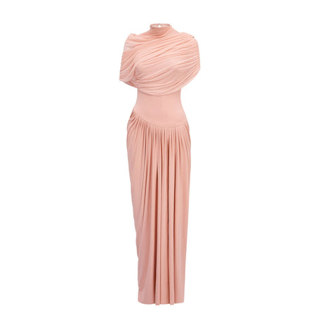 A pink asymmetric maxi dress with pleated details worn by a model standing against a plain background