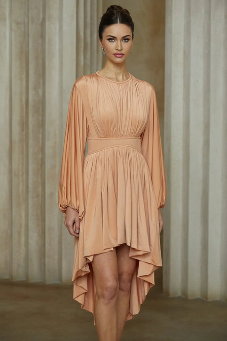 A pink asymmetrical midi dress with pleated details featuring a oneshoulder design and flowing skirt
