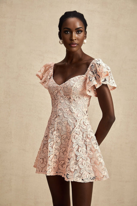 A pink lace mini dress with flutter sleeves named Esmee