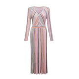 A pink metallic midi dress with pleated fabric and a flowing silhouette named Mathilde