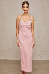 A pink midi dress with a corsetstyle bodice adorned with crystal embellishments The dress features a fitted silhouette and a feminine design inspired by the Josephine style