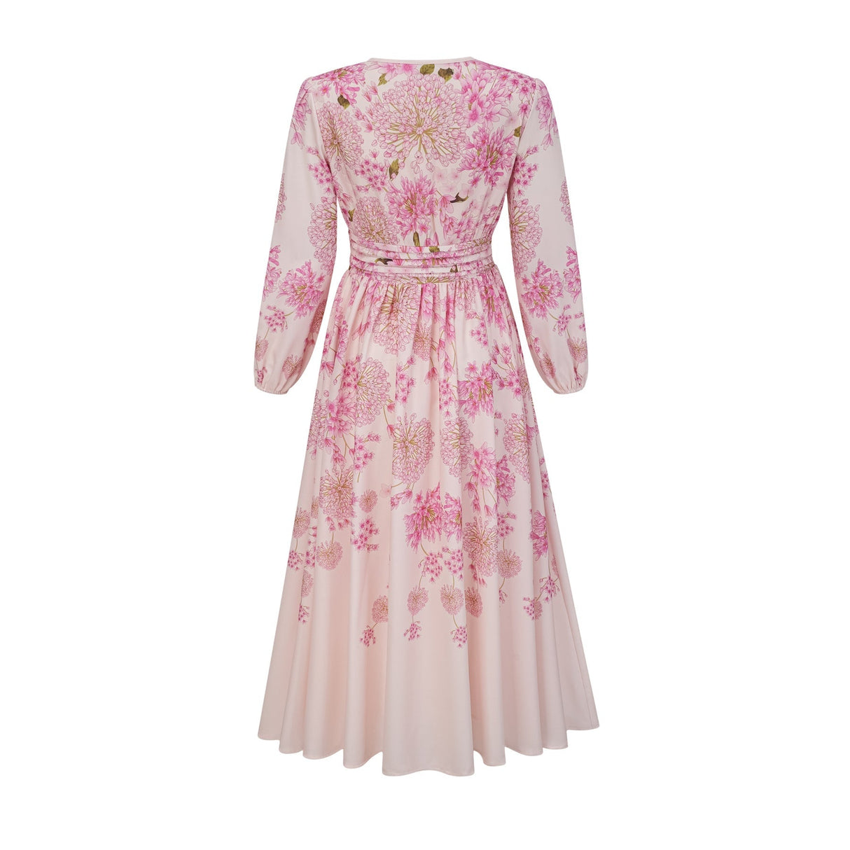 A pink midi dress with a floral print pattern worn by a model standing against a plain background
