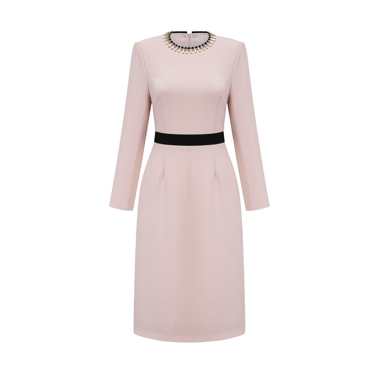 A pink midi dress with crystal embellishments and colorblocked design featuring the name Anais