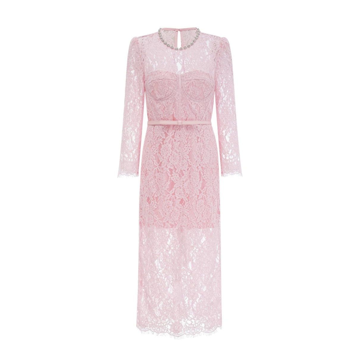 A pink midi dress with floral embroidery and embellishments on delicate lace fabric featuring an Elisabetta design