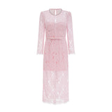 A pink midi dress with floral embroidery and embellishments on delicate lace fabric featuring an Elisabetta design